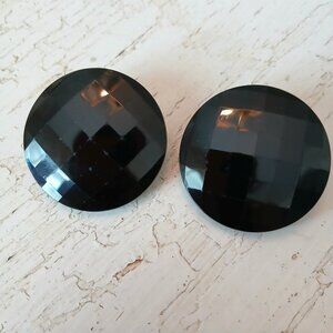 Vtg Black Faceted Glass 1.25" Round Clip Earrings